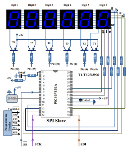 6 Digits Common Anode 7 Segment Display - SPI Slave Schematic PIC16F876A