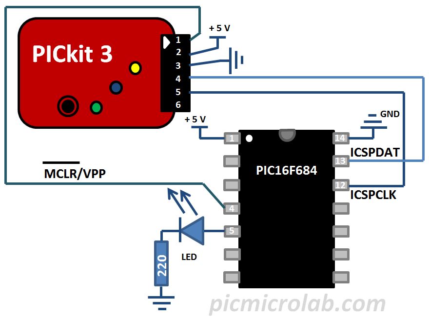 Blinking LED PIC16F684 Schematic