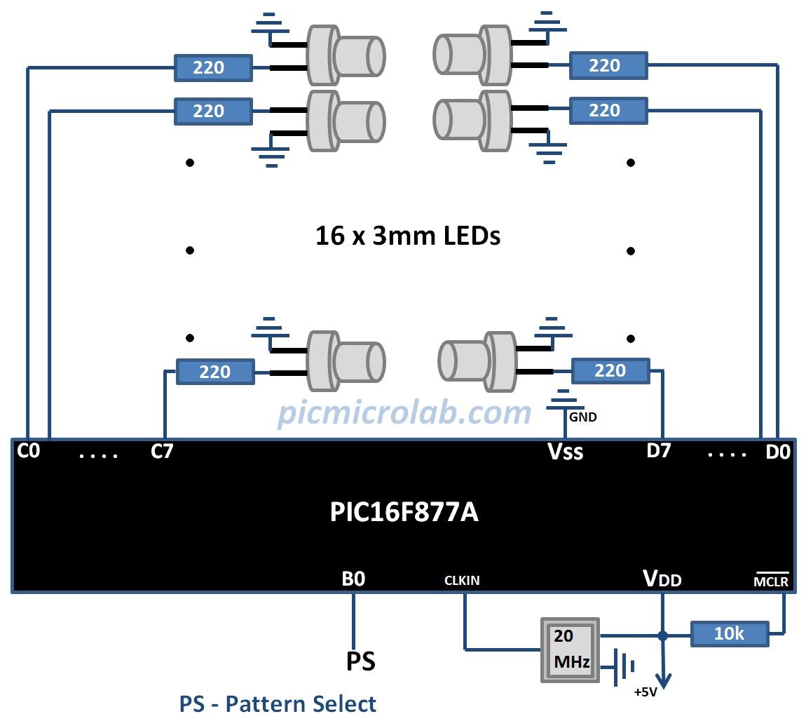 Running LED with PIC16F877A Schematic