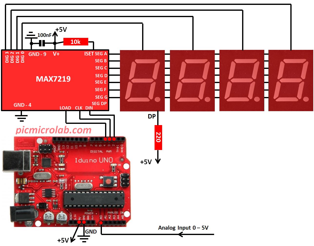 Arduino 4-Digit 7-Segment LED Voltmeter MAX7219 Schematic