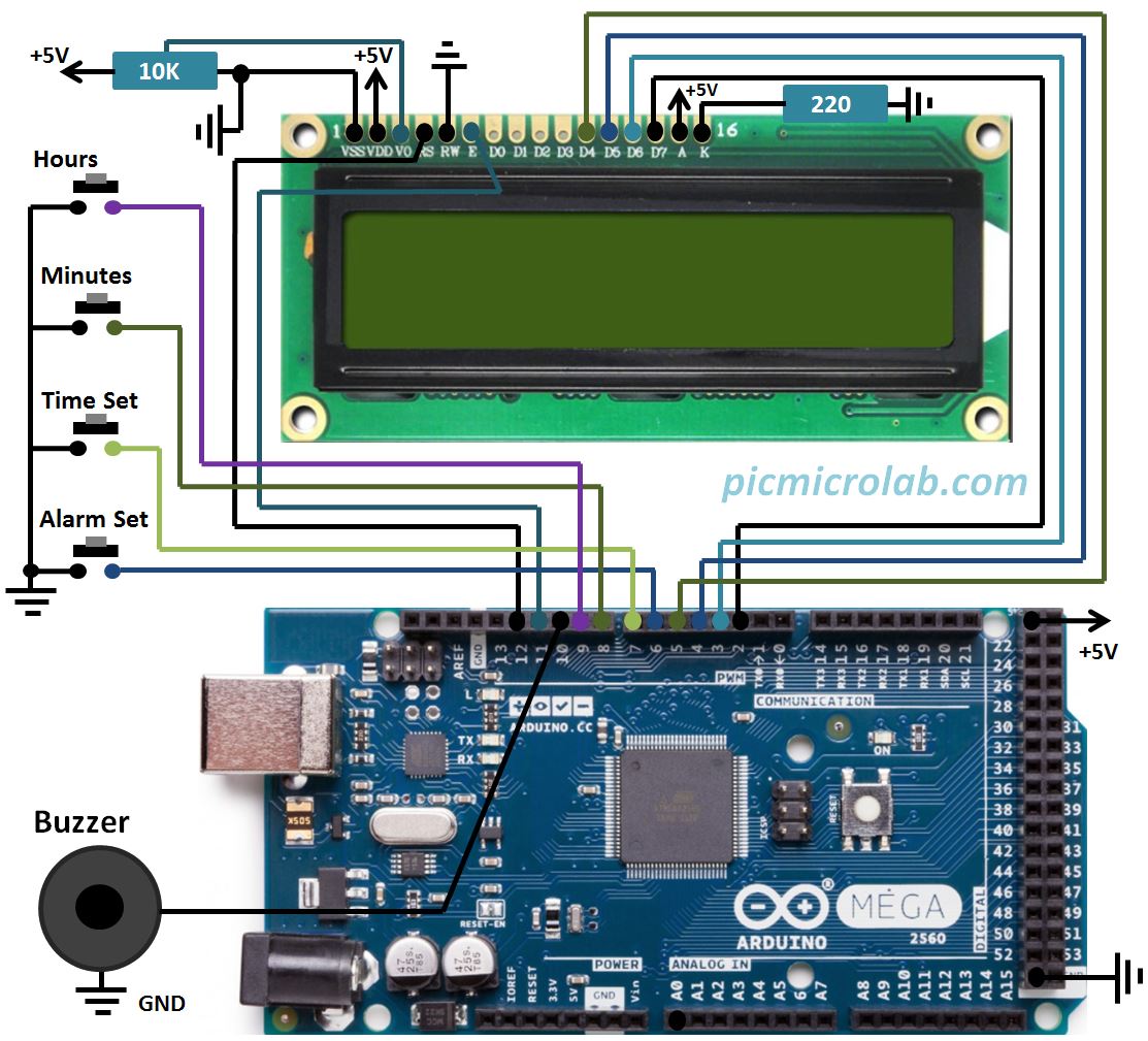 LCD Digital Alarm Clock Arduino Schematic