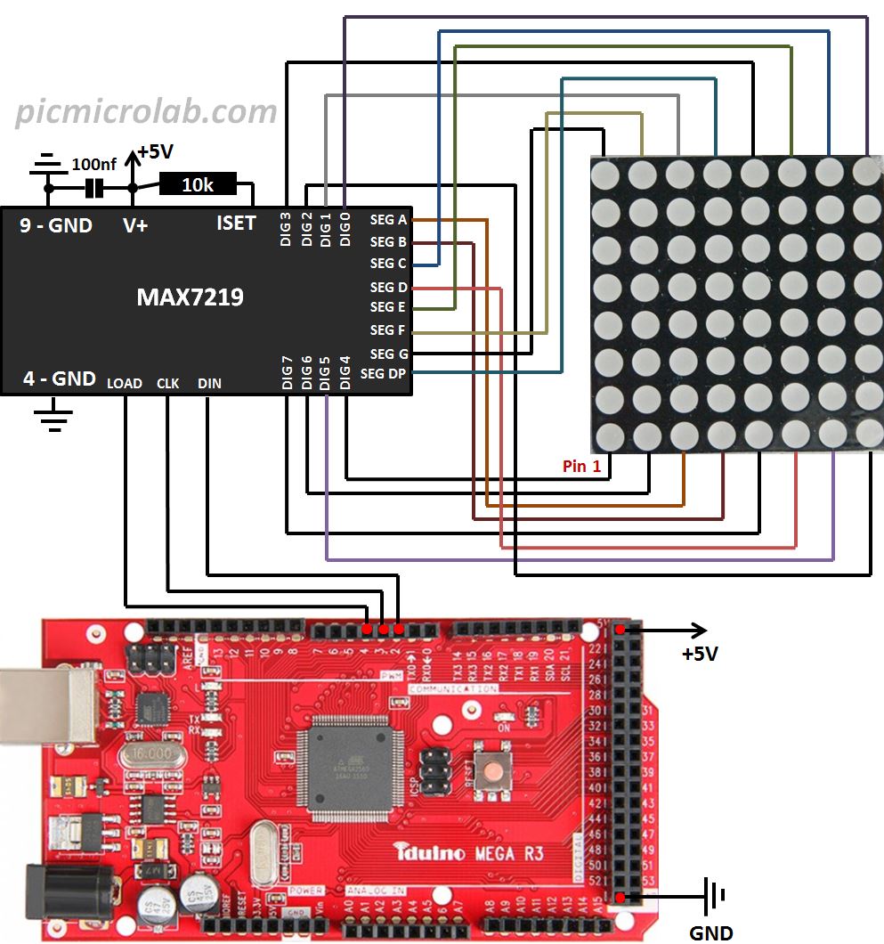 8x8 LED Dot Matrix Display with Arduino Schematic