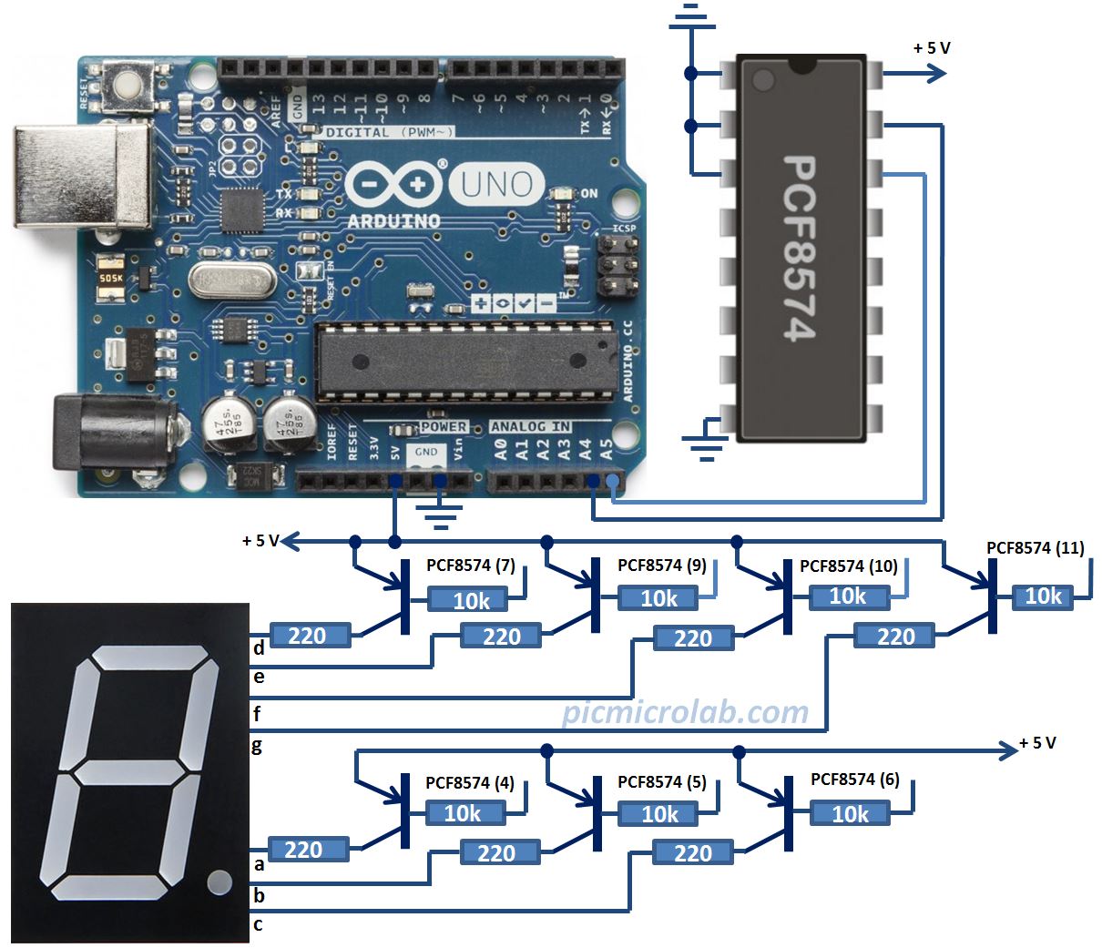 7-Segment LED Display PCF8574 I2C Arduino Schematic