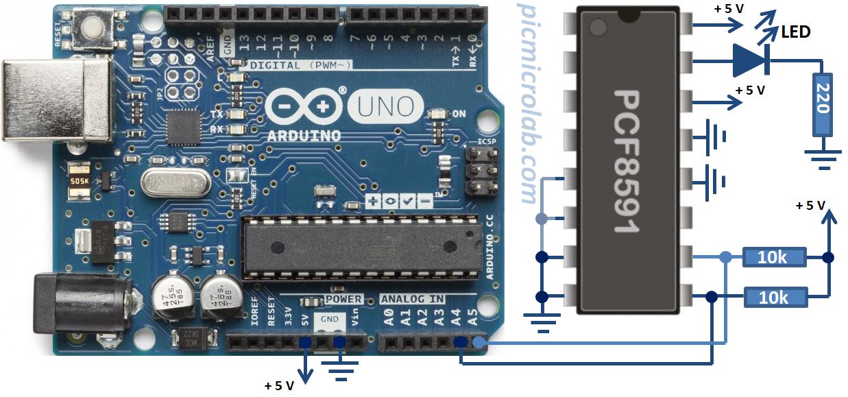 Fading LED with PCF8591 Arduino I2C Schematic