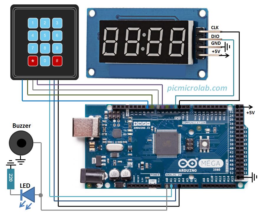 Arduino 4 Digit LED 7-Segment Countdown Timer Schematic