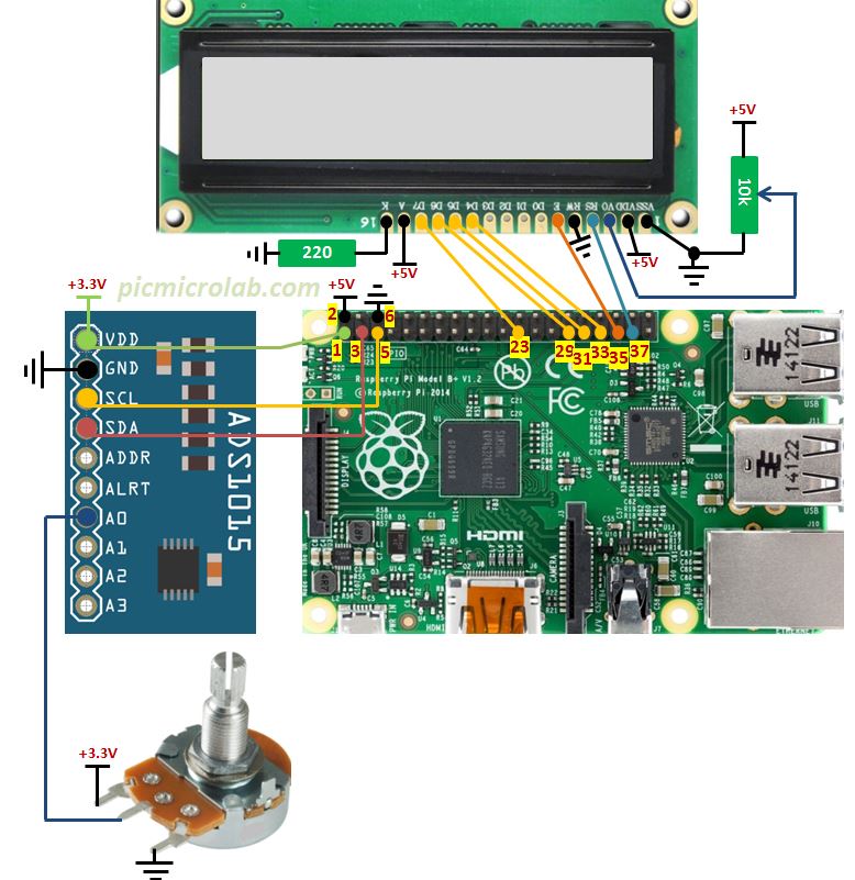 LCD voltmeter based on ADS1015 with Raspberry Pi Schematic