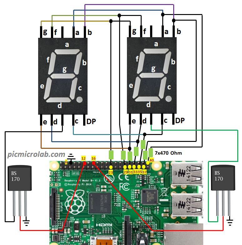 Multiplexing 7-Segment display with Raspberry Pi Schematic