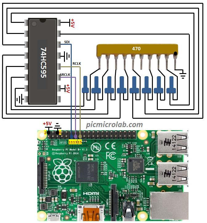 Raspberry Pi and 74HC595 Shift Register Schematic
